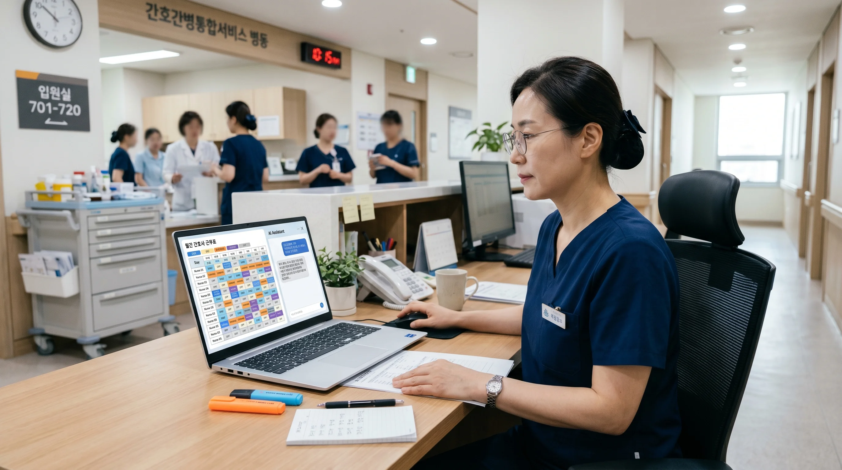 수간호사가 AI 대화창과 근무표 화면을 함께 보며 변경 영향을 검토하는 장면