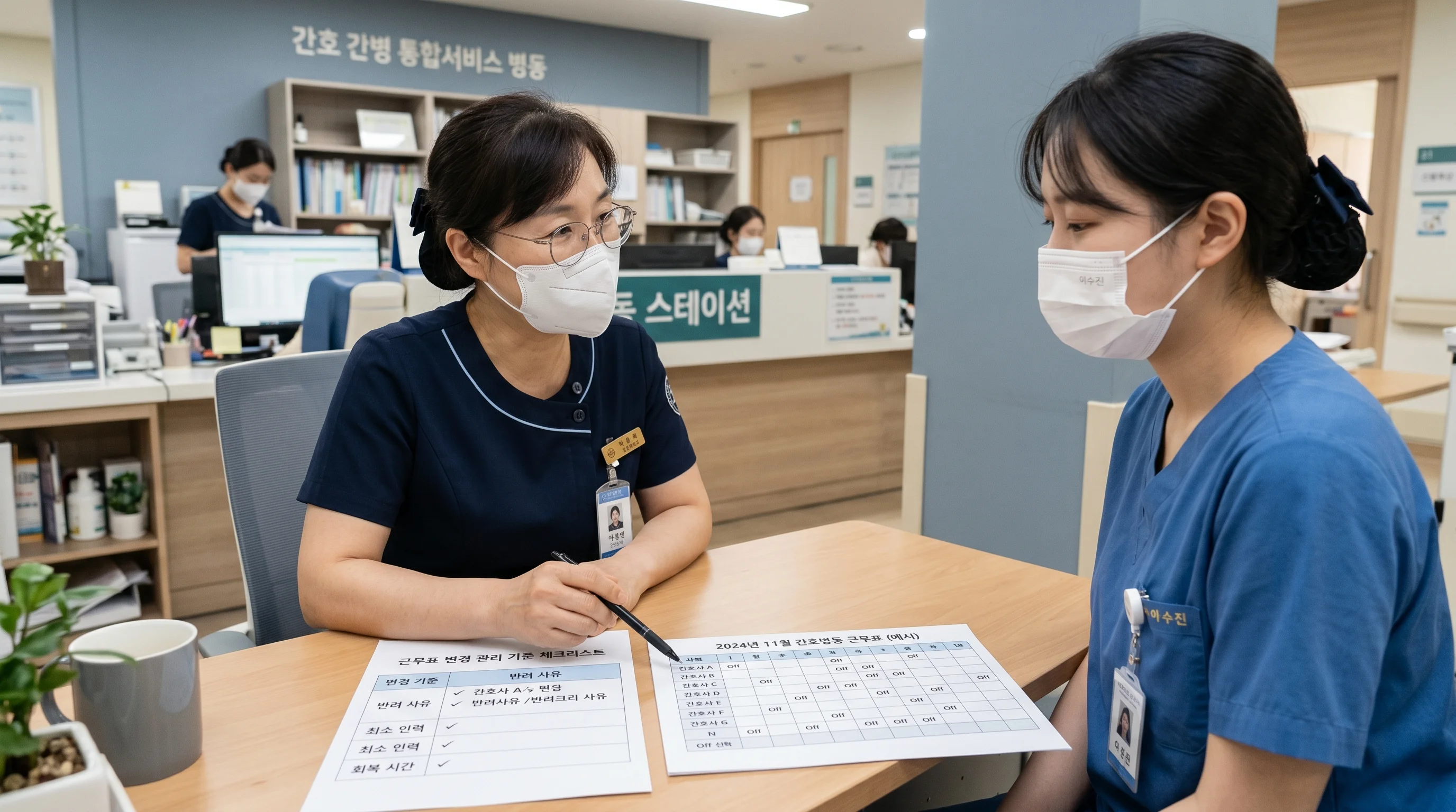 수간호사가 근무 변경 요청을 기준 문서와 함께 설명하는 병동 대화 장면
