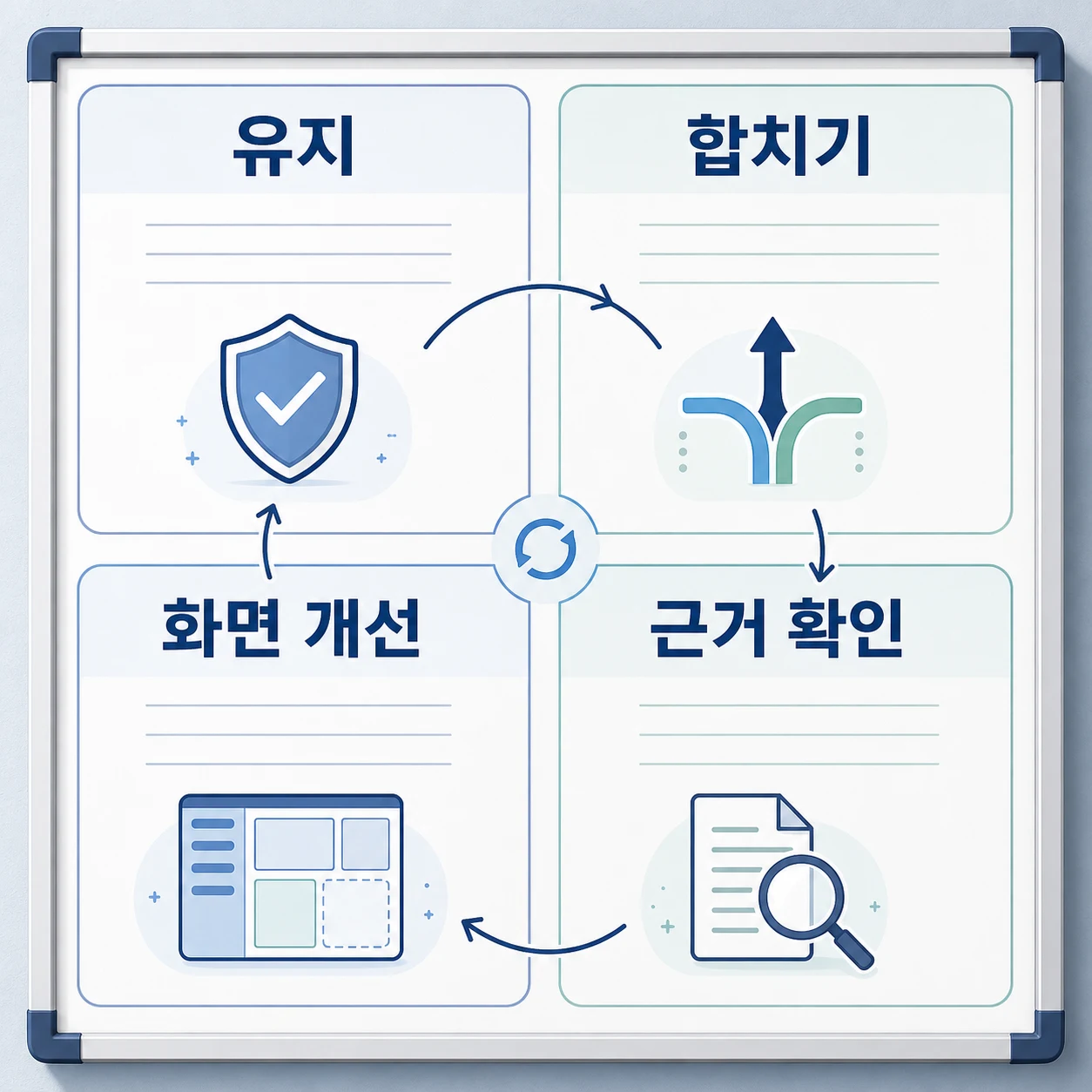 간호기록 항목을 유지, 합치기, 화면 개선, 근거 확인으로 나눈 검토 보드