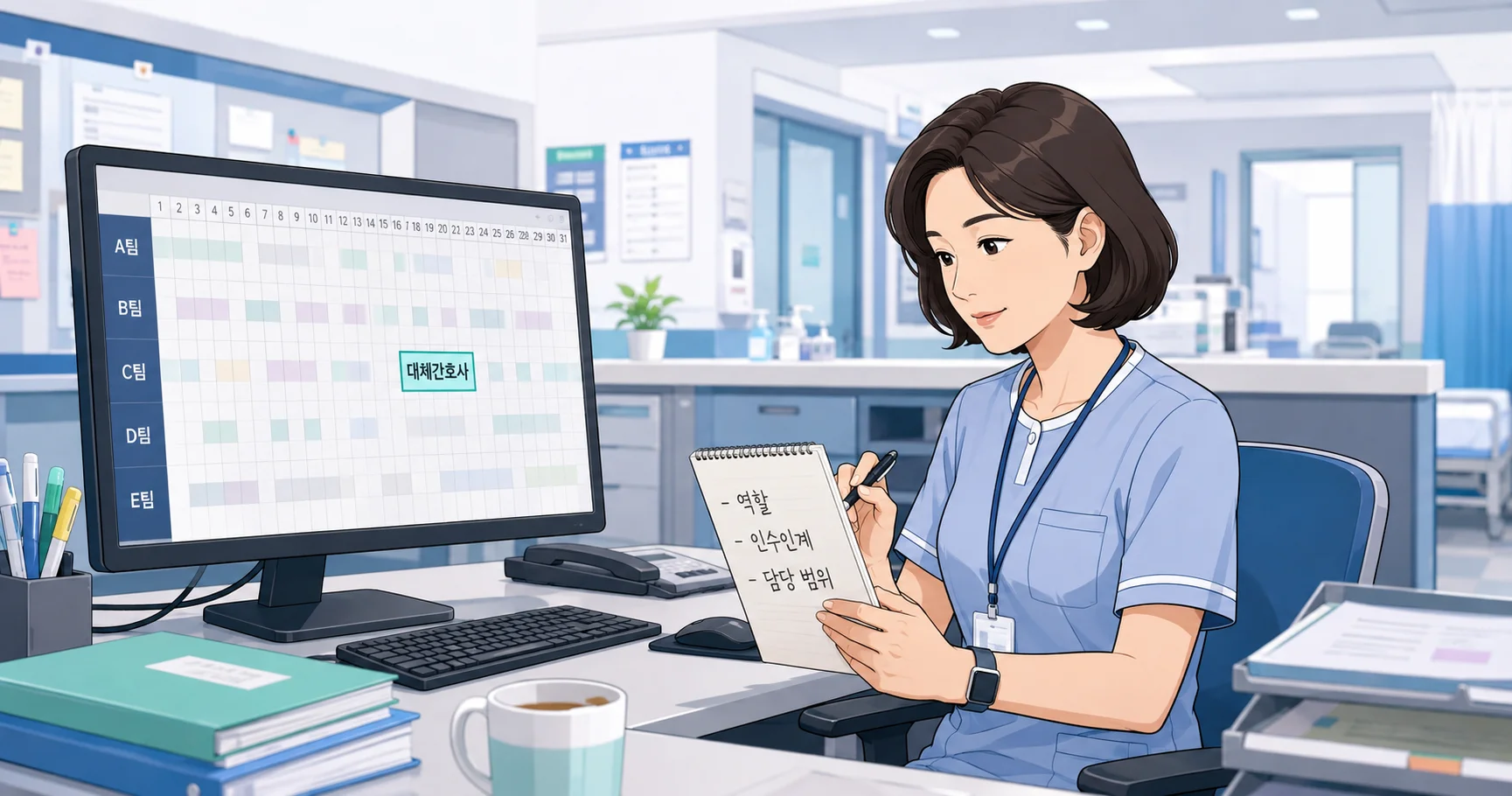 수간호사가 대체간호사 배정이 표시된 병동 근무표를 확인하는 장면