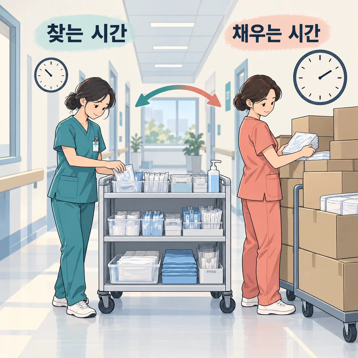 왼쪽 간호사는 카트에서 물품을 꺼내고 오른쪽 간호사는 상자에서 물품을 보충하는 가상 장면