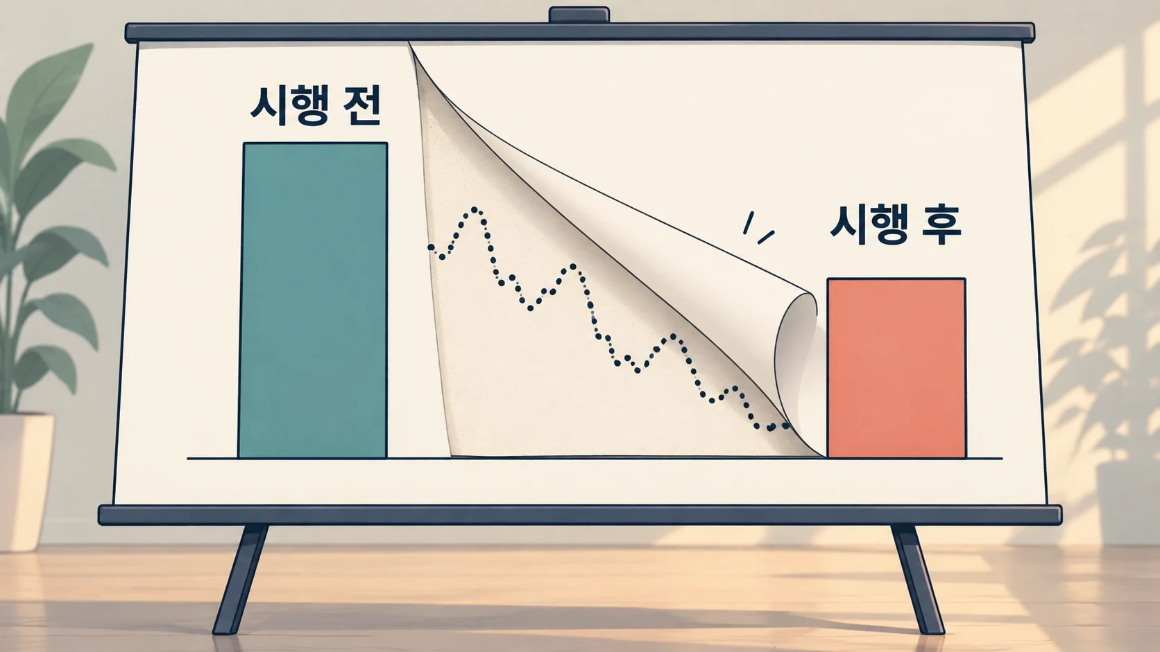 시행 전과 시행 후의 막대 사이 종이가 들리며 가려져 있던 시간 흐름이 드러나는 개념 그림