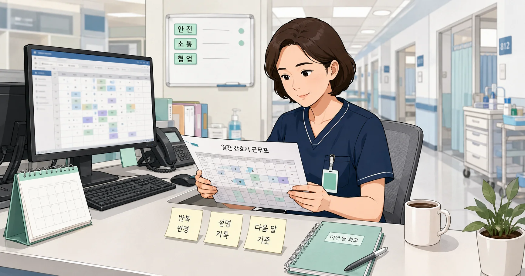 월말 병동 스테이션에서 수간호사가 근무표와 회고 메모를 정리하는 장면