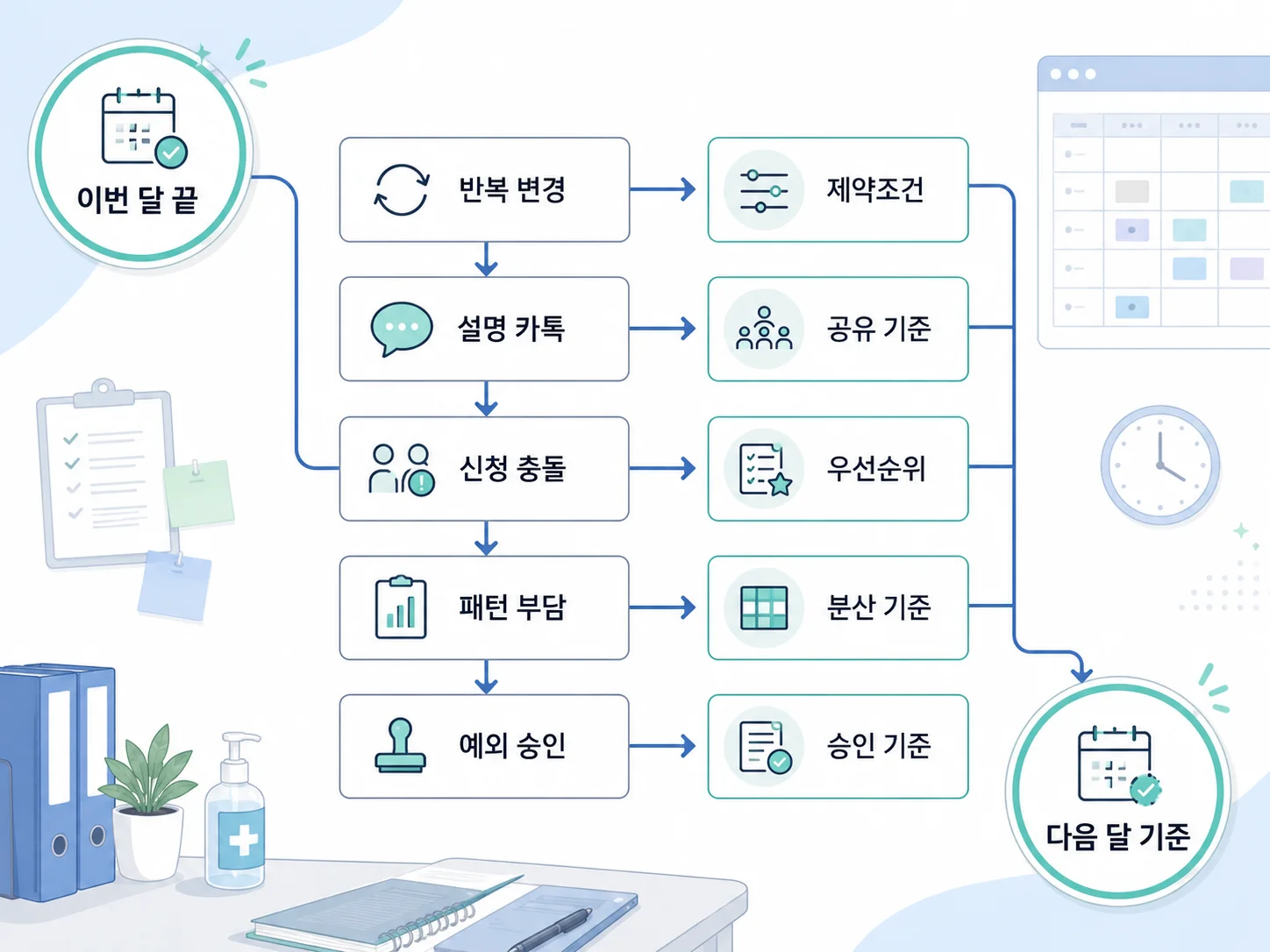 이번 달 기록 항목이 다음 달 근무표 기준으로 연결되는 흐름도