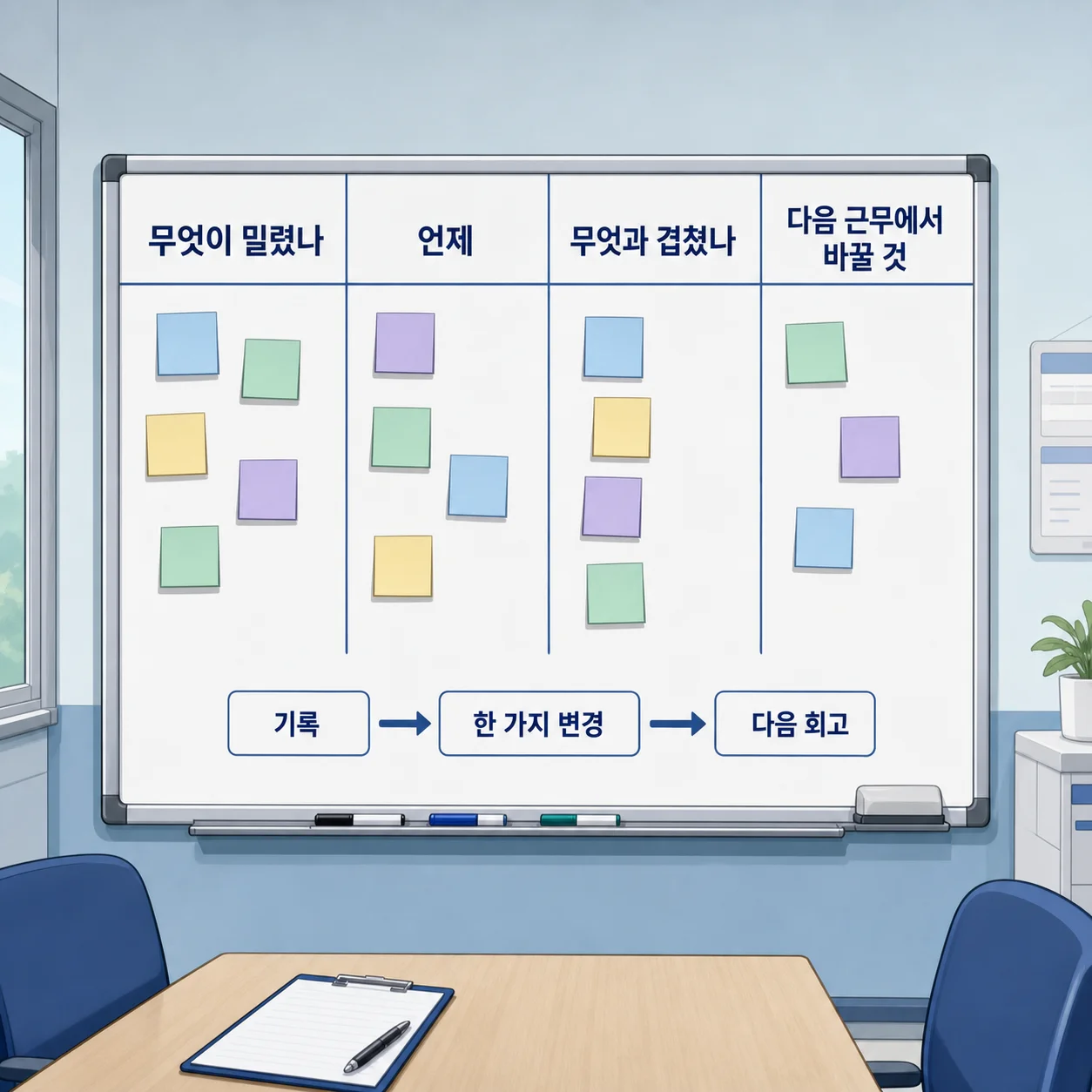 병동이 다음 달 운영 기준을 논의하는 익명화된 회고 보드 일러스트