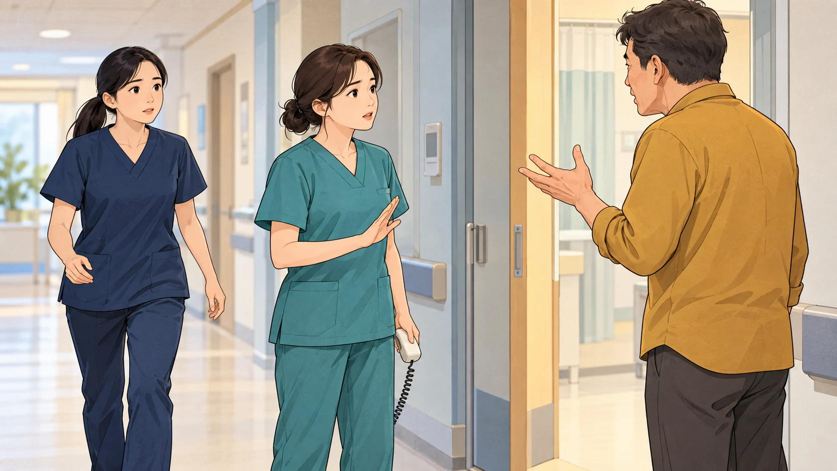 병실 앞에서 전화 수화기를 든 간호사와 손짓하는 방문객 사이의 대화에 다른 간호사가 합류하는 장면