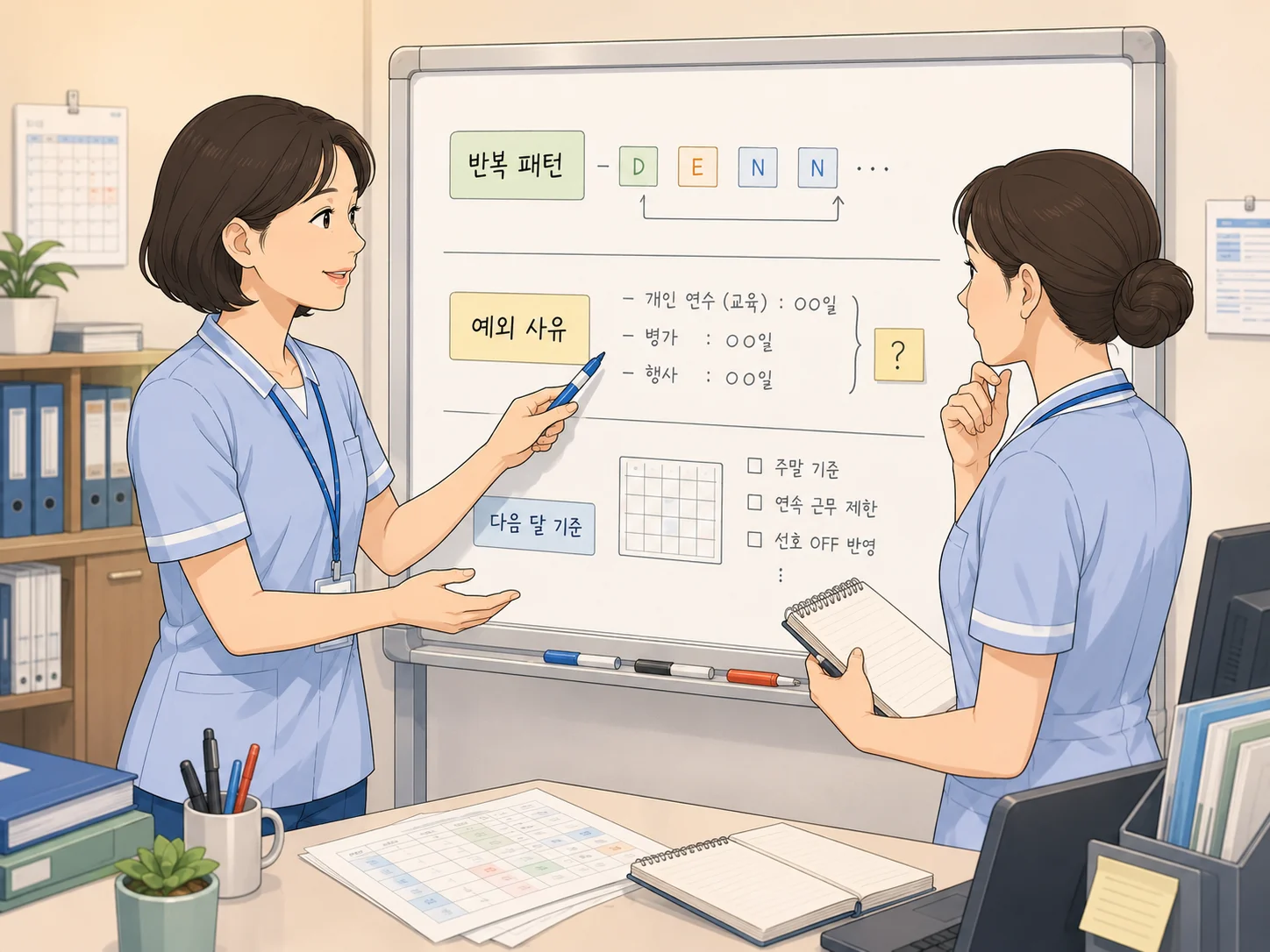 첫 근무표에서 연속 나이트, 주말 반복, 미정 구간을 주석으로 표시한 다이어그램
