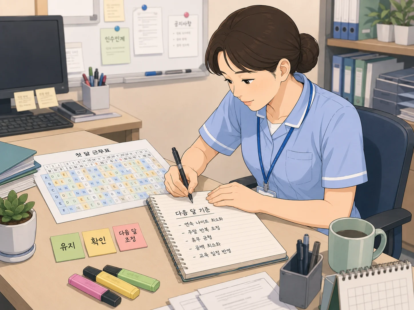 신임 수간호사가 첫 근무표를 받아 들고 병동 운영 기준을 확인하는 장면