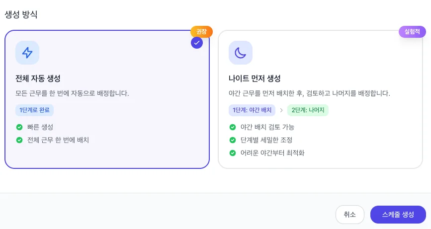 듀티플래너 자동 생성 모달 화면. 조직, 연월, 제약조건 프리셋을 선택하고 자동 생성 버튼을 누르는 UI