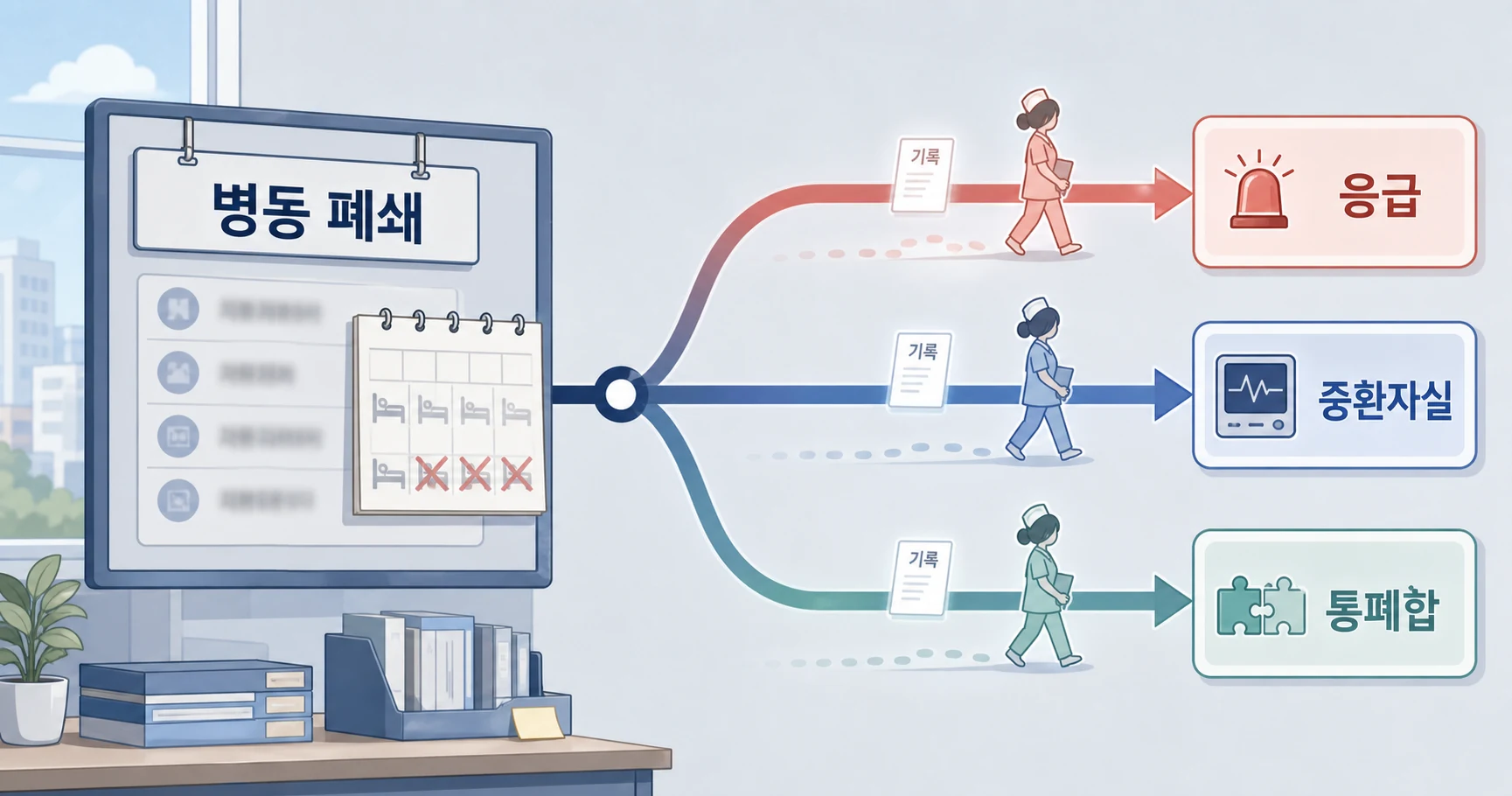 의정사태 이후 병동 폐쇄와 인력 재배치가 분기되는 타임라인 위에서 간호사의 이동 이력이 연결되는 장면