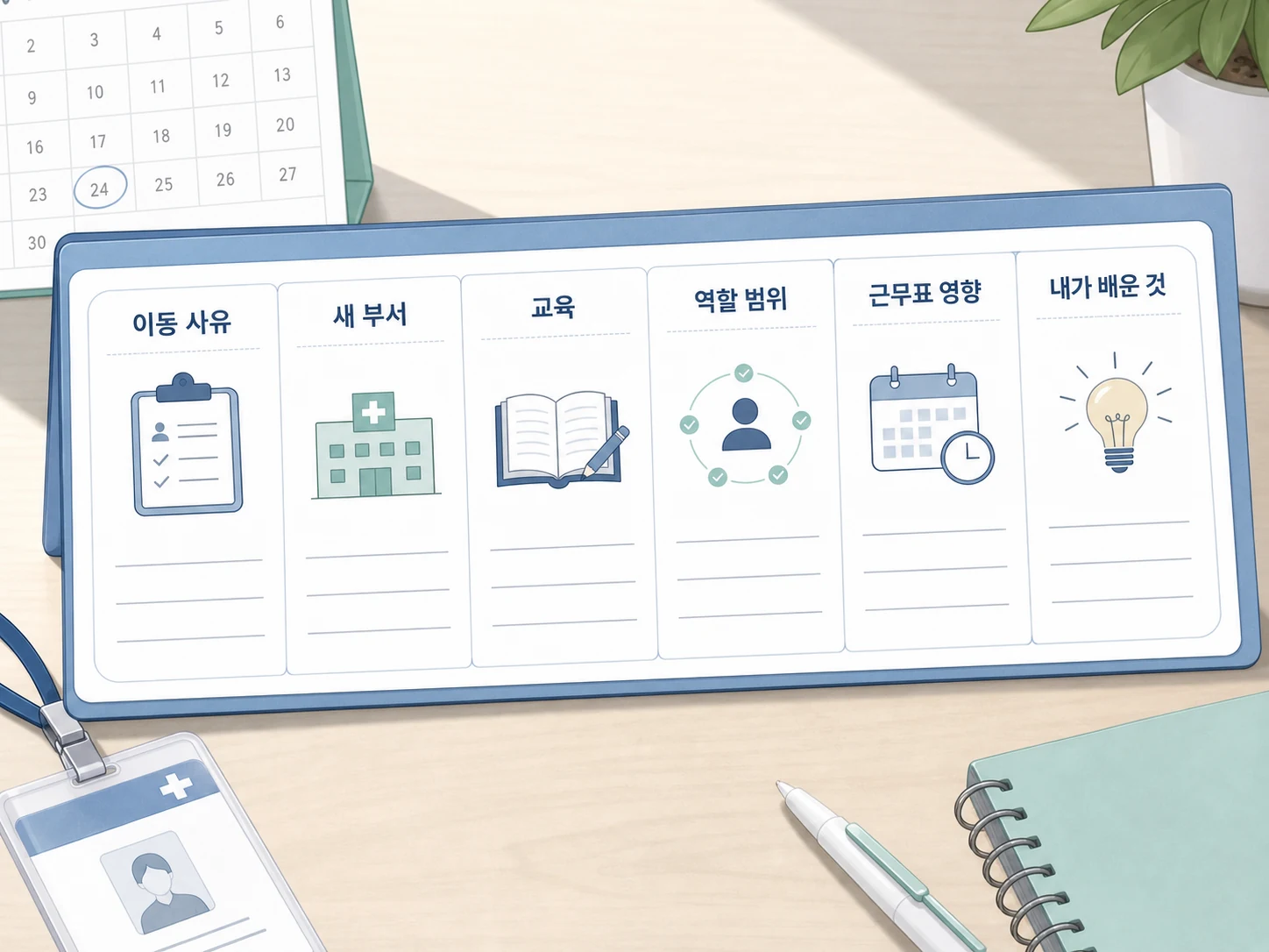 부서이동 기록 카드에 이동 사유, 새 부서, 교육, 역할 범위, 근무표 영향, 내가 배운 것을 정리하는 장면