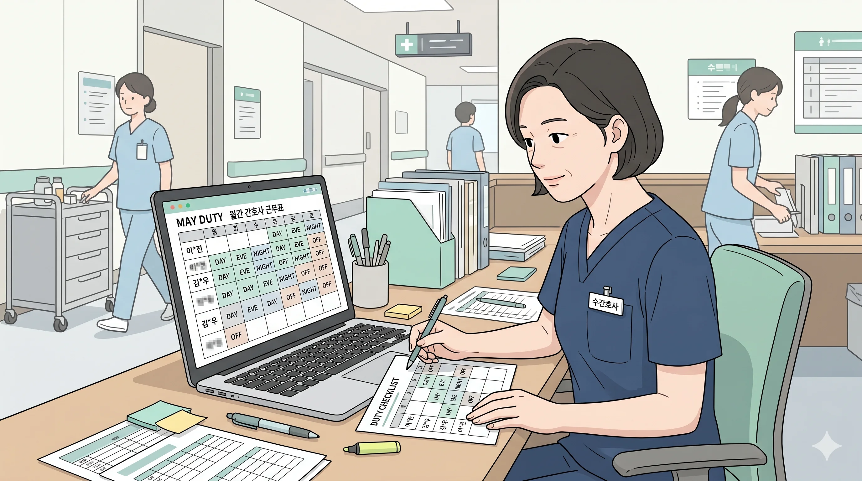 수간호사가 자동 생성된 간호사 근무표를 병동 공개 전 체크리스트와 함께 검토하는 장면