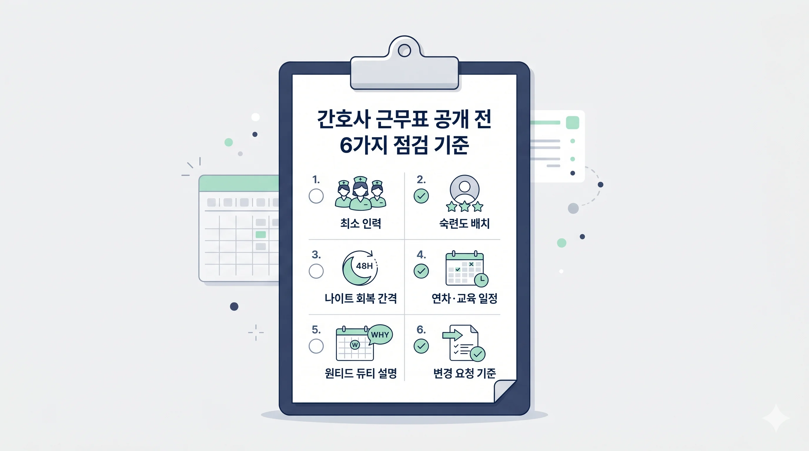 자동 생성된 간호사 근무표 공개 전 확인할 6가지 기준을 아이콘으로 정리한 체크리스트
