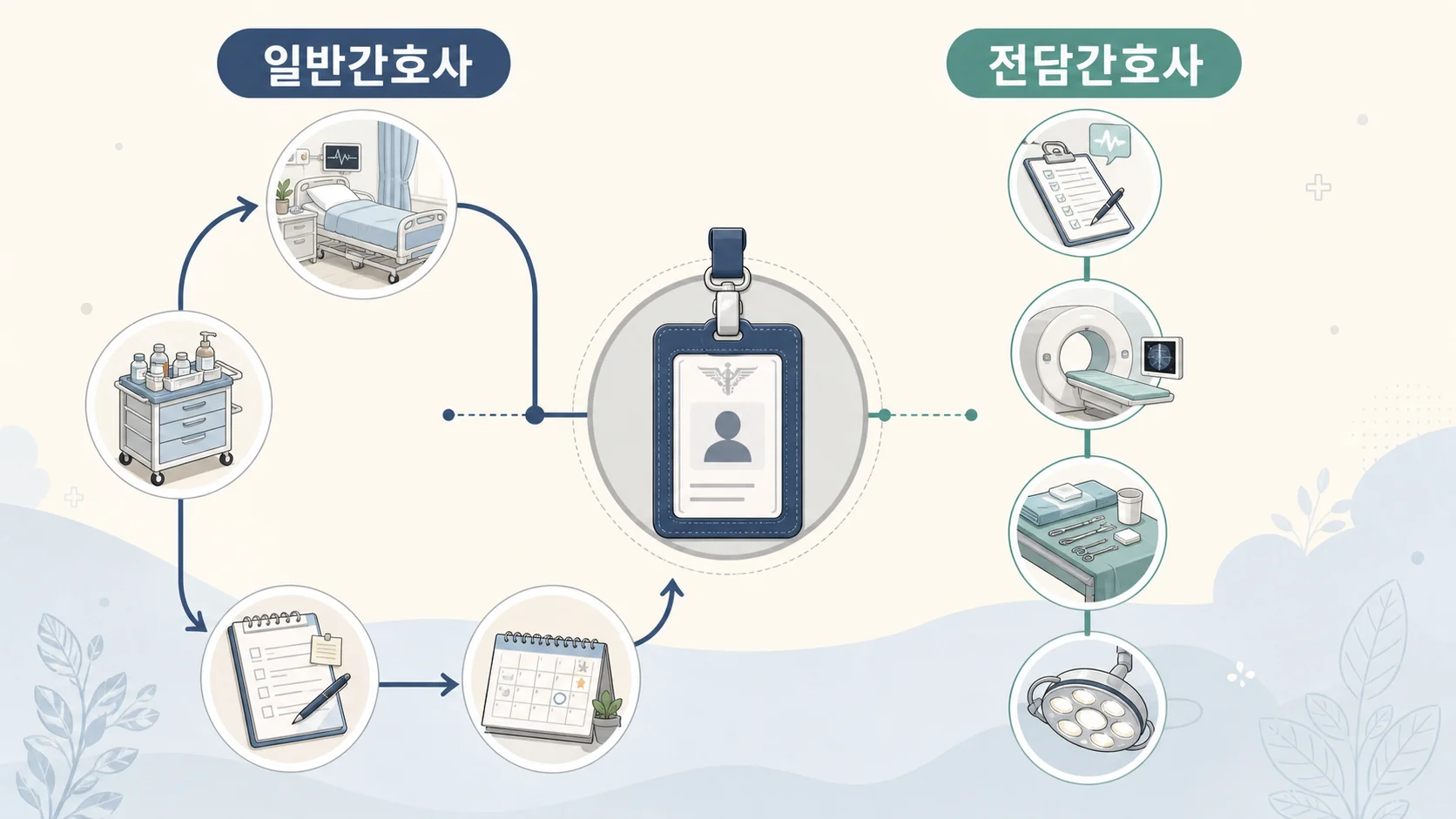 일반간호사와 전담간호사의 하루 업무 흐름을 두 개의 경로로 비교한 웹툰풍 인포그래픽