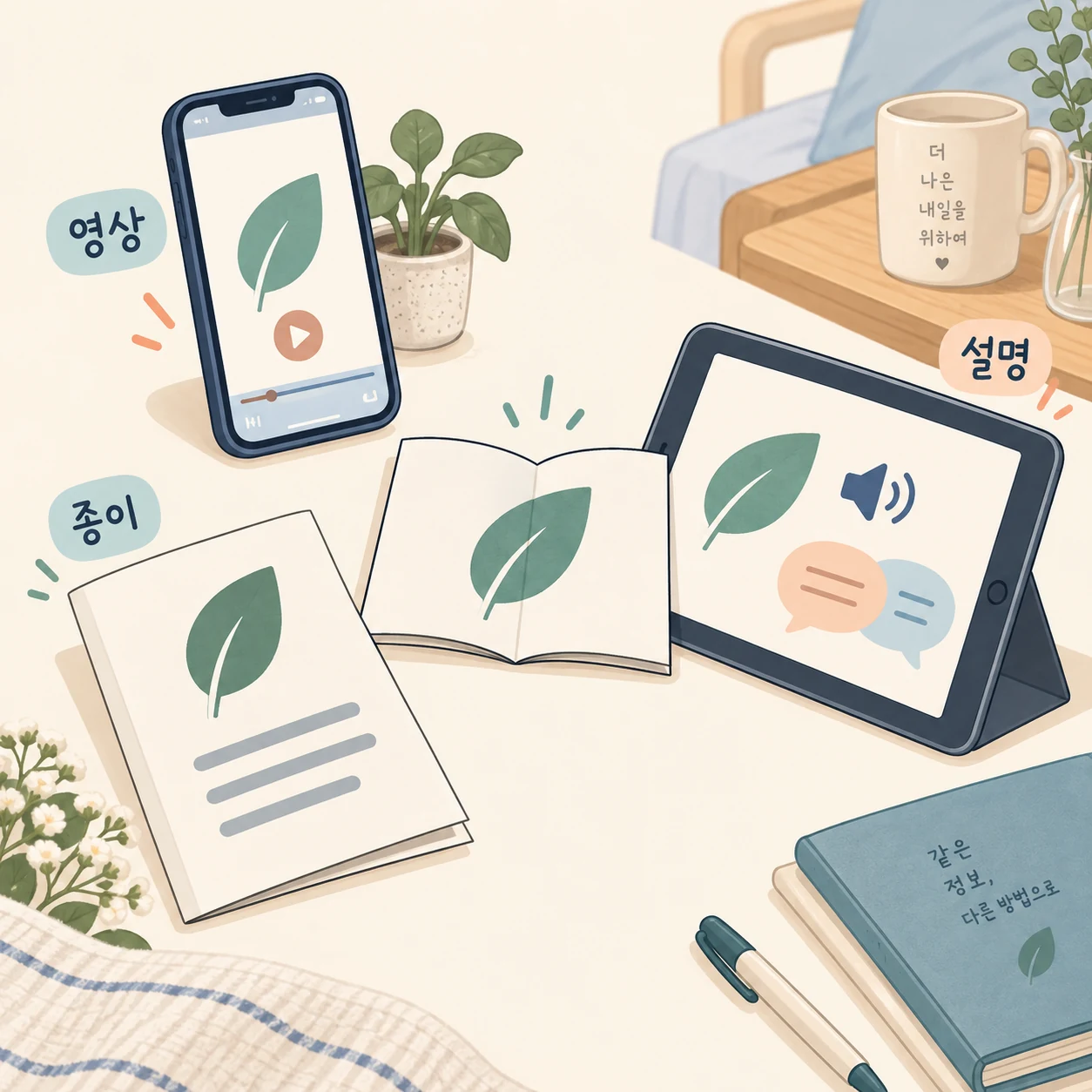같은 나뭇잎 그림을 담은 스마트폰 영상, 종이 안내문, 음성과 대화를 표시한 태블릿이 펼쳐진 구성