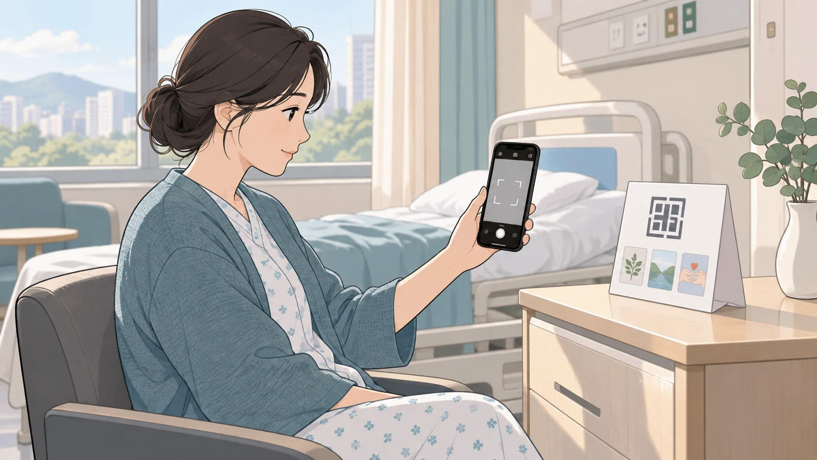 병실 의자에 앉은 환자가 침상 옆 QR 모양 안내판을 향해 스마트폰 카메라를 들고 있는 장면